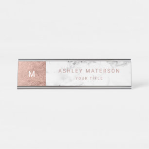 Modern rose gold white marble colour block desk name plate