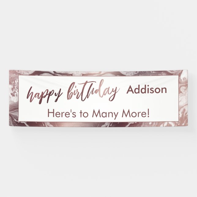 Modern Rose Gold & White Marble Happy Birthday Banner (Horizontal)