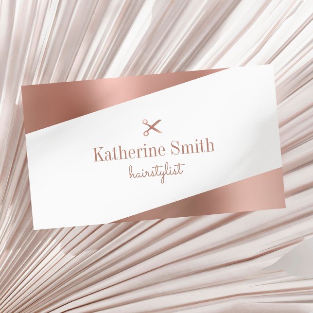 Modern rose gold & white scissors hairstylist business card (Creator Uploaded)