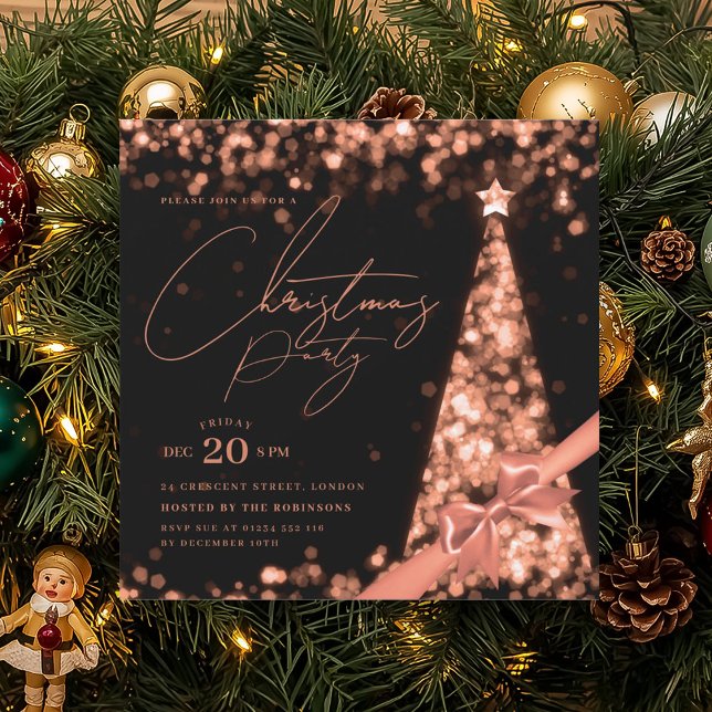 MODERN Rose Gold Winter Christmas Tree Bow Party  Invitation (MODERN Rose Gold Winter Christmas Tree Bow Party Invitation)