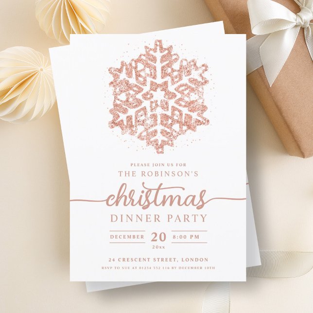 Modern Rose Gold Winter Snowflake Christmas Party  Invitation (Modern Rose Gold Winter Snowflake Christmas Party Invitation)