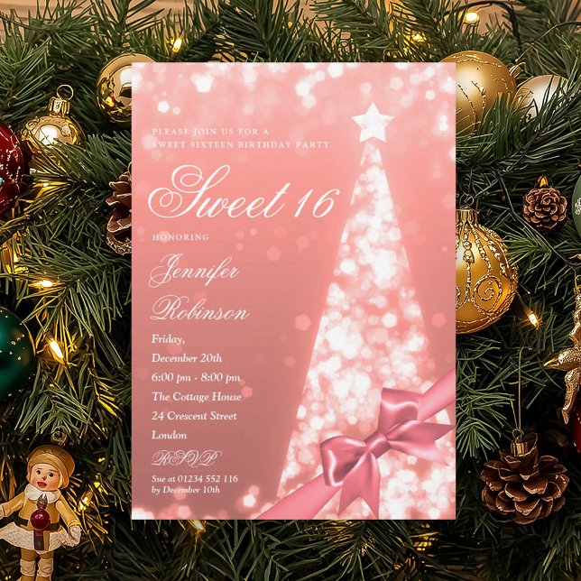 Modern Rose Gold Xmas Tree Bow Sweet 16 Birthday Invitation (Modern Rose Gold Xmas Tree Bow Sweet 16 Birthday Invitation)