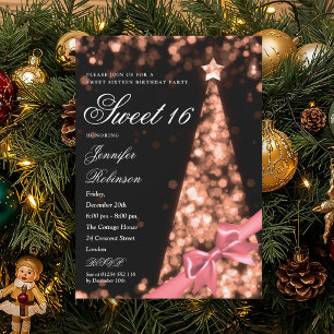 Modern Rose Gold Xmas Tree Bow Sweet 16 Birthday Invitation