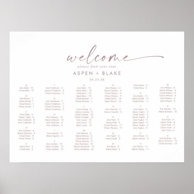 Modern Rose Horizontal Alphabetical Seating Plan Poster (Front)