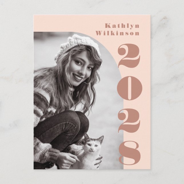 Modern Rose Pink Arch Bold Script Photo Grad Announcement Postcard (Front)