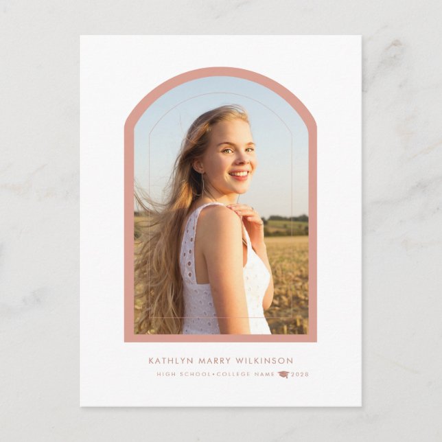 Modern Rose Pink Arch Simple Photo Graduation Invitation Postcard (Front)
