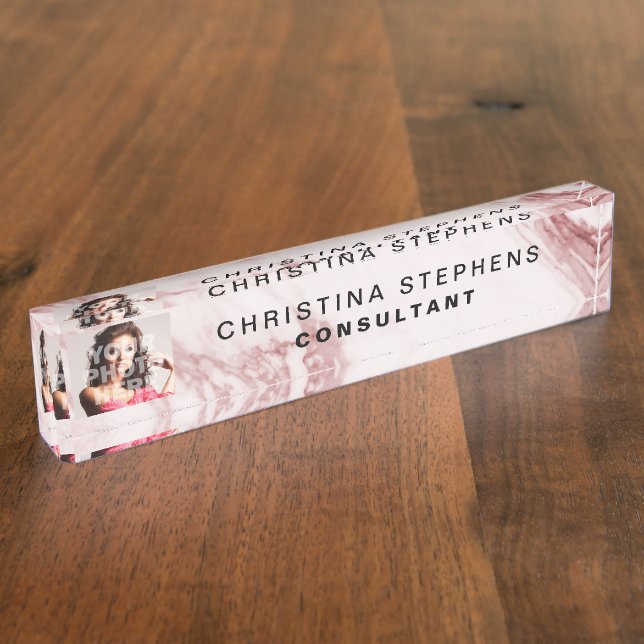 Modern Rose Pink Blush Marble Stone Pattern Photo Nameplate (Side)
