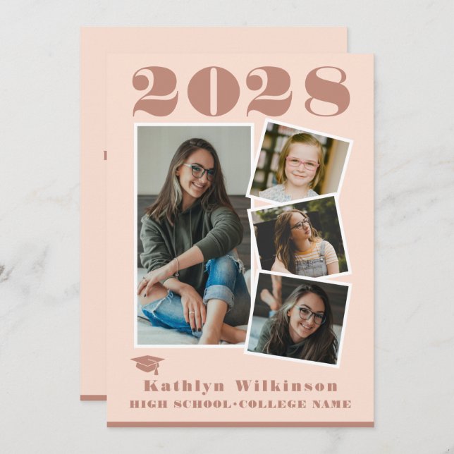 Modern Rose Pink Script 4 Photo Collage Graduation Announcement (Front/Back)