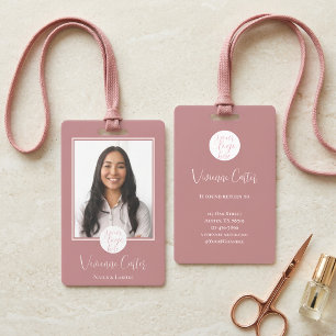 Modern Rose Pink Script Logo Photo Nail Salon ID Badge