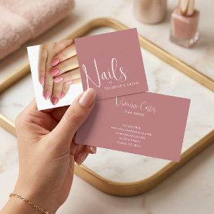 Modern Rose Pink Script Photo Nail Artist Salon Business Card