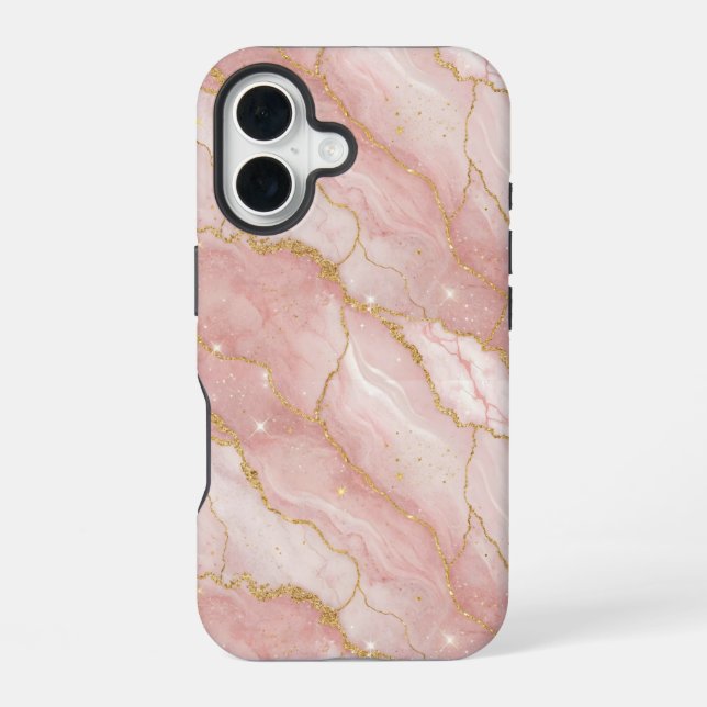 Modern Rose Quartz Marble Gold iPhone 16 Case (Back)