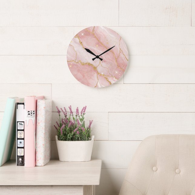 Modern Rose Quartz Marble Gold Large Clock (Reading Room)