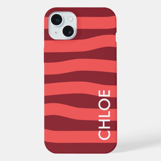 Modern Rose Red Wave Stripes Name iPhone Case (Back)