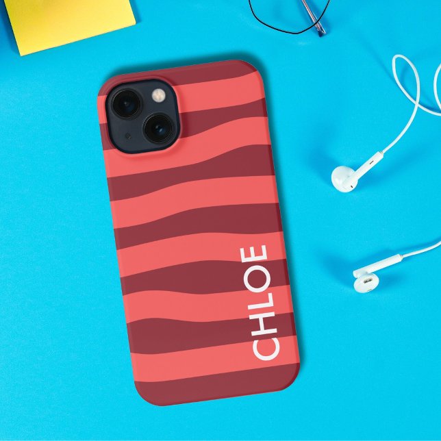 Modern Rose Red Wave Stripes Name iPhone Case (Creator Uploaded)