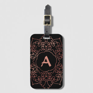 Modern Rose Rose Gold Foil Mandala Monogram Black Luggage Tag