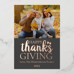 Modern Rose Thanksgiving Family Photo Foil Holiday Card
