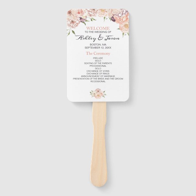 Modern Rose White Floral Wedding Program Hand Fan (Front)