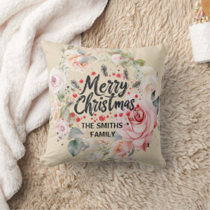 Modern Rose Wreath and Script Merry Christmas Cushion
