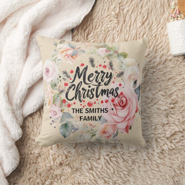 Modern Rose Wreath and Script | Merry Christmas  Cushion (Blanket)