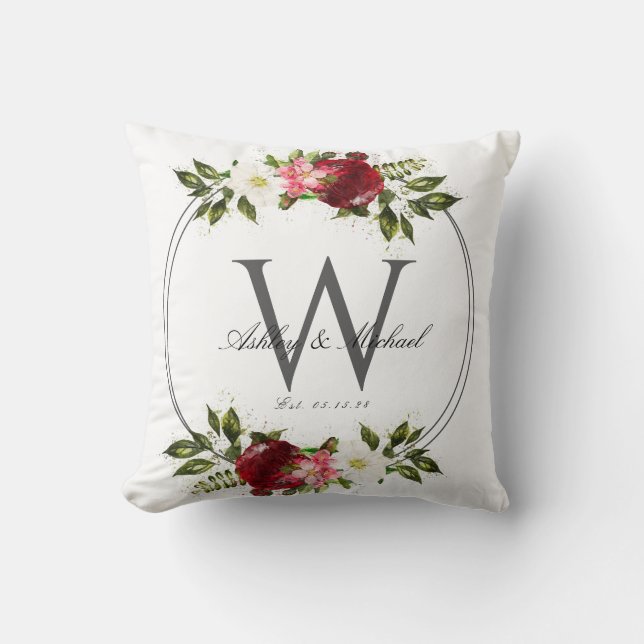 Modern Rose Wreath Monogram Wedding Keepsake Cushion (Front)