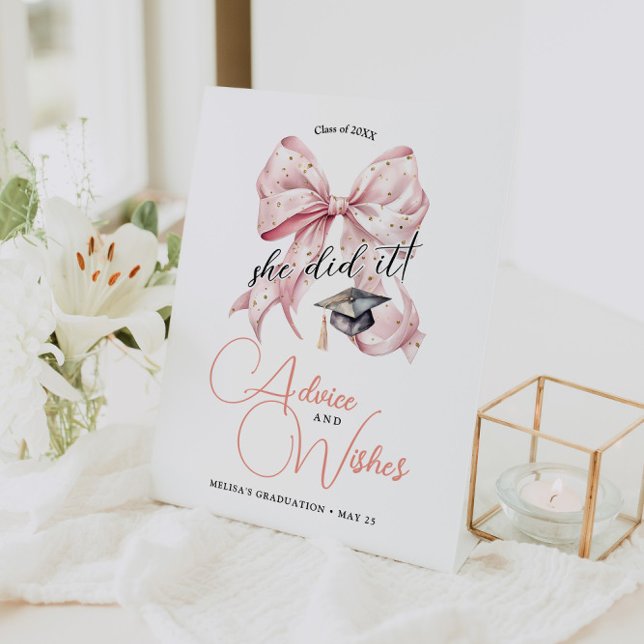 Modern Rosegold Bow Graduation Advice & Wishes Pedestal Sign (Creator Uploaded)