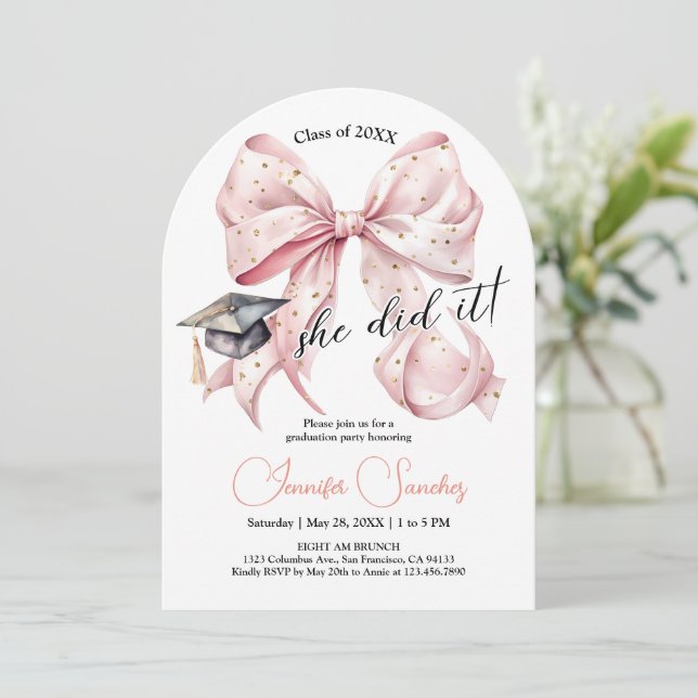 Modern Rosegold Bow Graduation Arch Invitation (Standing Front)