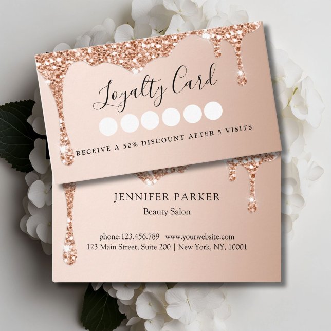 Modern Rosegold Glitter Drop Salon & Spa Loyalty Business Card (Modern Rosegold Glitter Drop Salon & Spa Loyalty Business Card)