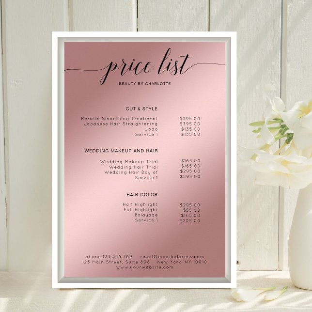 Modern Rosegold (Imitate) Price List Poster (Modern, Rosegold (Imitate) Salon Price List Poster Template. Print & Download Available.)