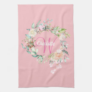 Modern Roses Pink Initial Script Monogram Tea Towel