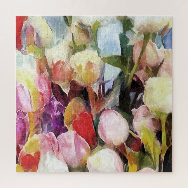 Modern Roses Tulips Bouquet: Abstract Oil Painting Jigsaw Puzzle (Vertical)