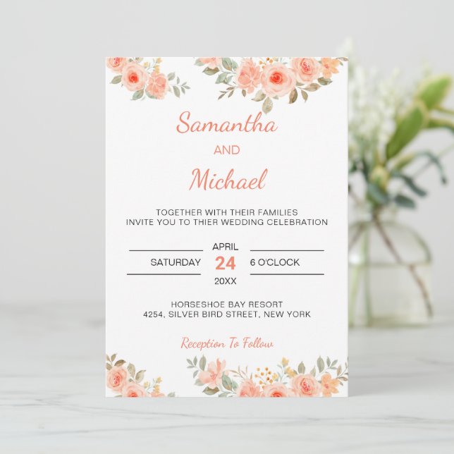 Modern Roses Wedding Floral Pink and Burgundy  Invitation (Standing Front)
