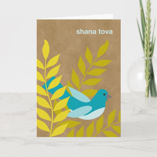 Modern Rosh Hashanah Blue Bird on Kraft Paper Look Holiday Card (Front)