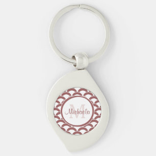 Modern Rosy Brown White Scallops Monogram and Name Key Ring
