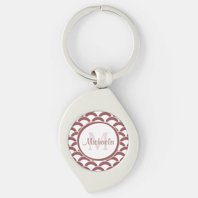 Modern Rosy Brown White Scallops Monogram and Name Key Ring (Front)