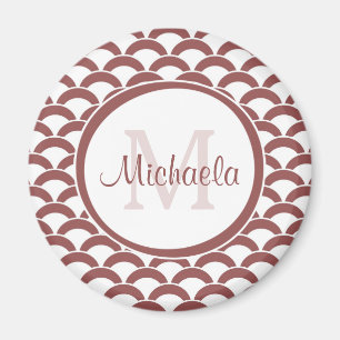 Modern Rosy Brown White Scallops Monogram and Name Magnet