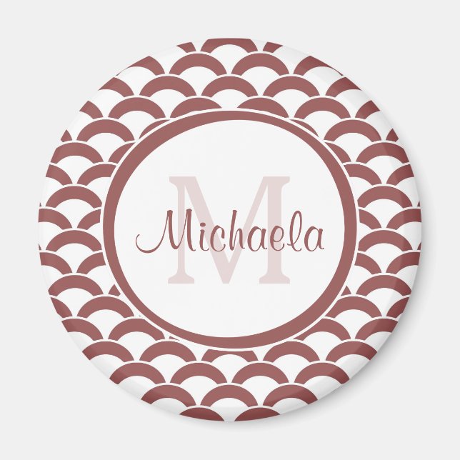 Modern Rosy Brown White Scallops Monogram and Name Magnet (Front)