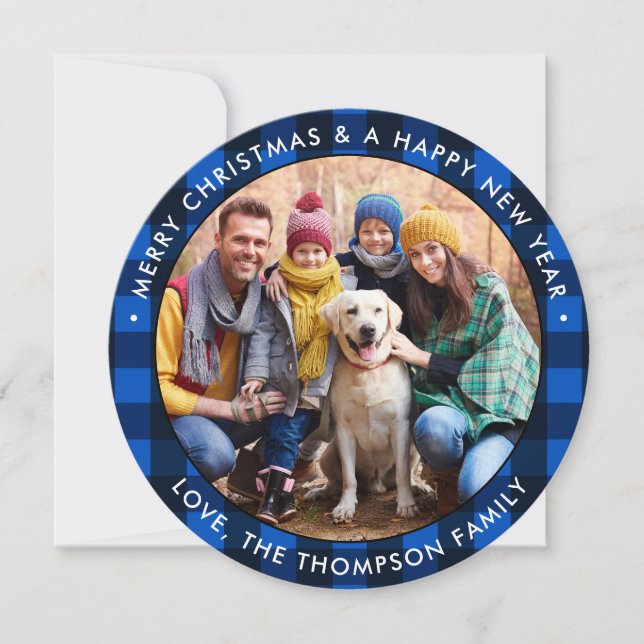 Modern Round Blue Buffalo Plaid Christmas Photo Holiday Card (Front)