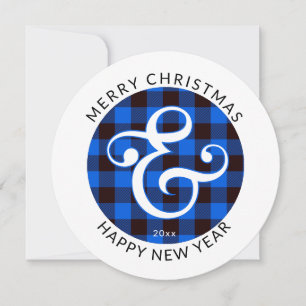 Modern Round, Christmas Ampersand & Blue Plaid Holiday Card