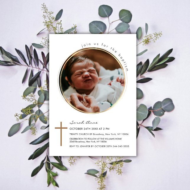 Modern Round Circle Photo Gold Cross Baptism Invitation (Modern Round Circle Photo Gold Cross Baptism Invitation)