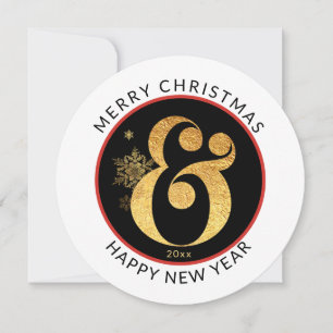 Modern Round, Merry Christmas Gold Look Ampersand  Holiday Card