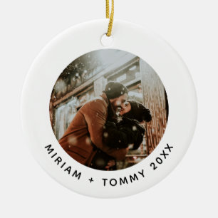 Modern Round Photo Couple First Christmas Ceramic Ornament