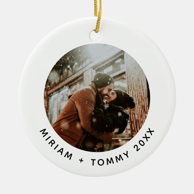 Modern Round Photo Couple First Christmas Ceramic Ornament (Front)
