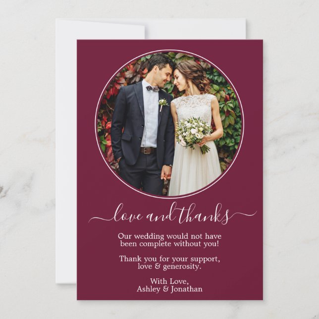 Modern Round Photo Frame Burgundy Wedding Thank You Card (Front)