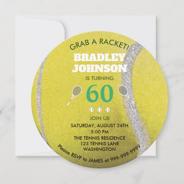 Modern Round Tennis Ball Personalised 60 Birthday Invitation (Front)