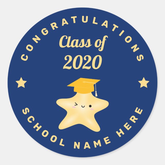 Modern Royal Blue and Gold Graduation Star Classic Round Sticker (Front)