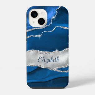 Modern Royal Blue and Silver Agate Monogram iPhone 14 Case