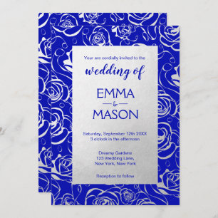 Modern Royal Blue and Silver Floral Invitation