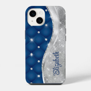 Modern Royal Blue and Silver Glitter Monogram iPhone 14 Case