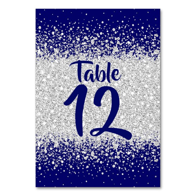 Modern Royal Blue and Silver Glitter Table Number (Front)