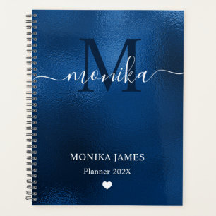 Modern Royal Blue Brushed Metal Monogram Planner